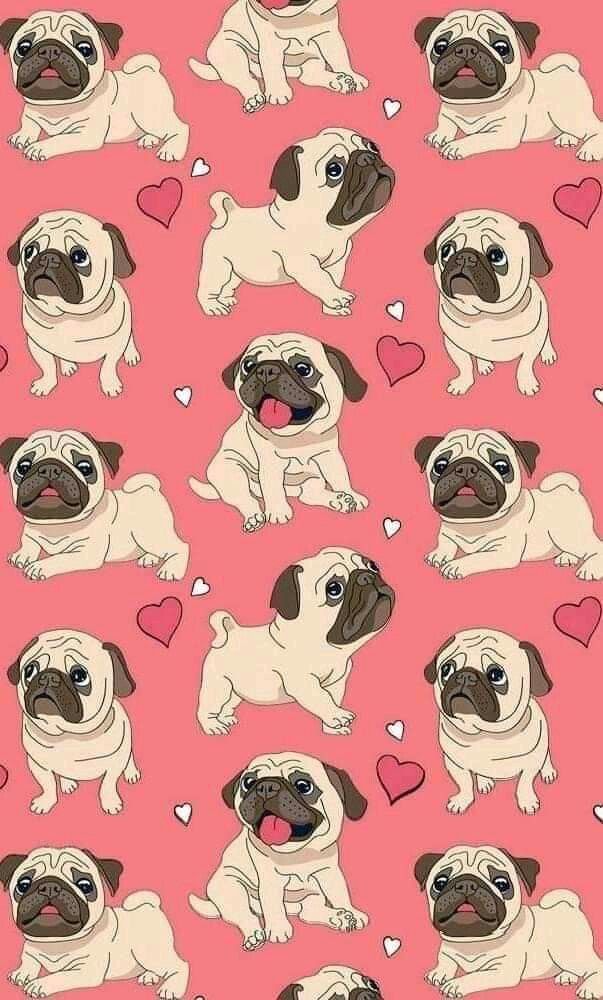 a bunch of pugs with hearts on a pink background