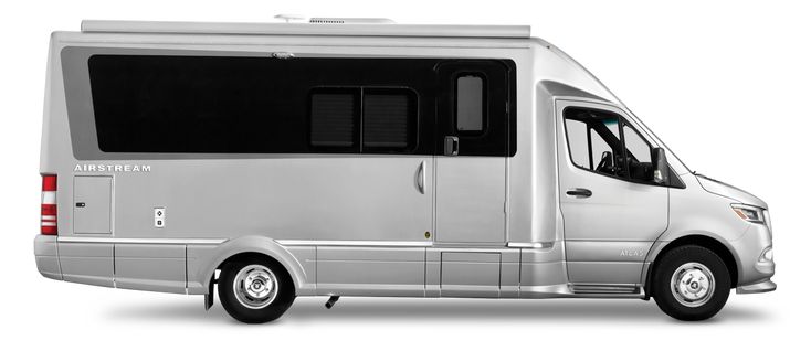 a silver motor home is shown on a white background