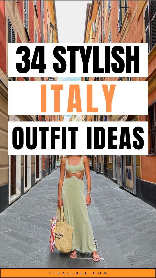 a woman is walking down the street with her hand in her pocket and text that reads, 34 stylish italy outfit ideas