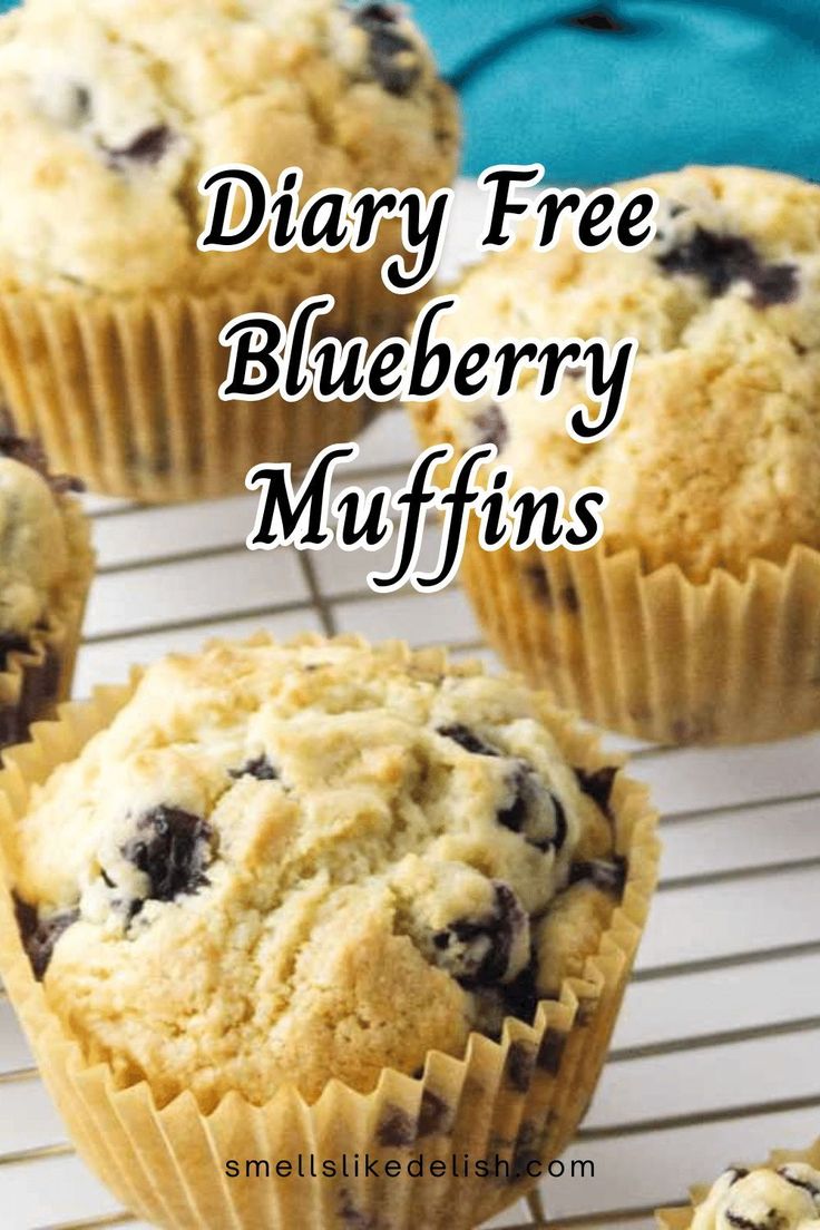 blueberry muffins on a cooling rack with text overlay reading dairy free blueberry muffins