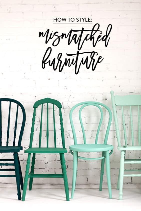 three chairs with the words how to style mismatched furniture against a white brick wall