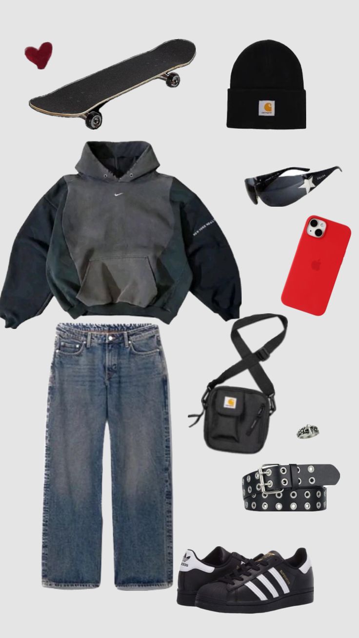 a skateboarder's outfit and accessories are arranged in the shape of a heart