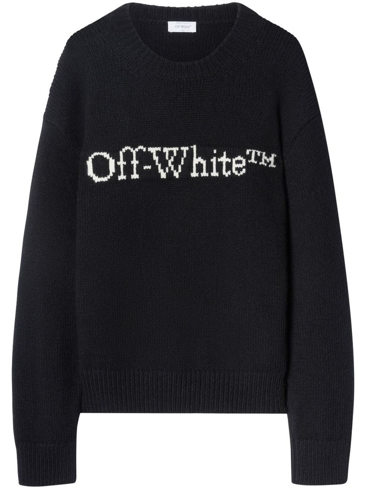 black wool knitted construction intarsia-knit logo crew neck drop shoulder long sleeves straight hem ribbed cuffs and hem Off White Brand Sweater, Designer Sweaters Women, Wool Jumper, White Knitwear, Off-white Logo, Latest Fashion Design, Sweater Brands, Oversize Knit, Twill Shirt