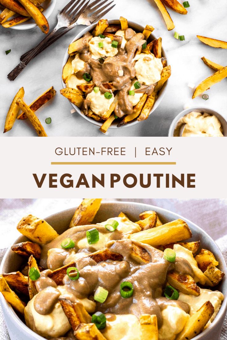 a bowl filled with vegan poutine and fries on top of a table