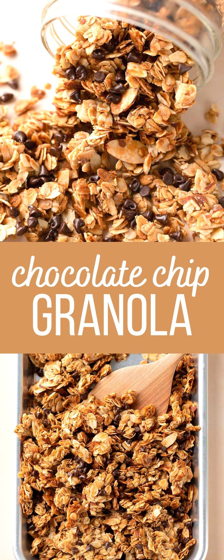 homemade chocolate chip granola in a jar and on a sheet pan Granola Recipe Chocolate Chip, Vanilla Chocolate Chip Granola, Homemade Granola Chocolate Chip, Granola With Chocolate Chips, How To Make Granola At Home, Homemade Soft Granola, Gronala Recipes Easy, Vegan Cookies Recipes Healthy, Homade Granola