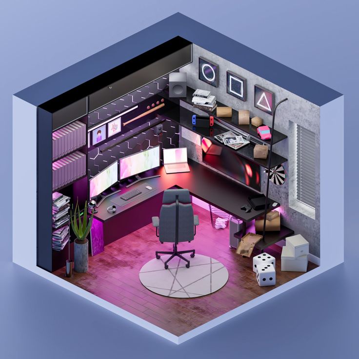 3D Model Low-Poly Gaming Room PNG - Toffu Co Model Room Design, Gaming Room Isometric, Big Room Layout, 2d Room Design, Sims Gaming Room, Blender Interior Design, Editing Room Design, Gaming Room Interior Design, Room For 3 People