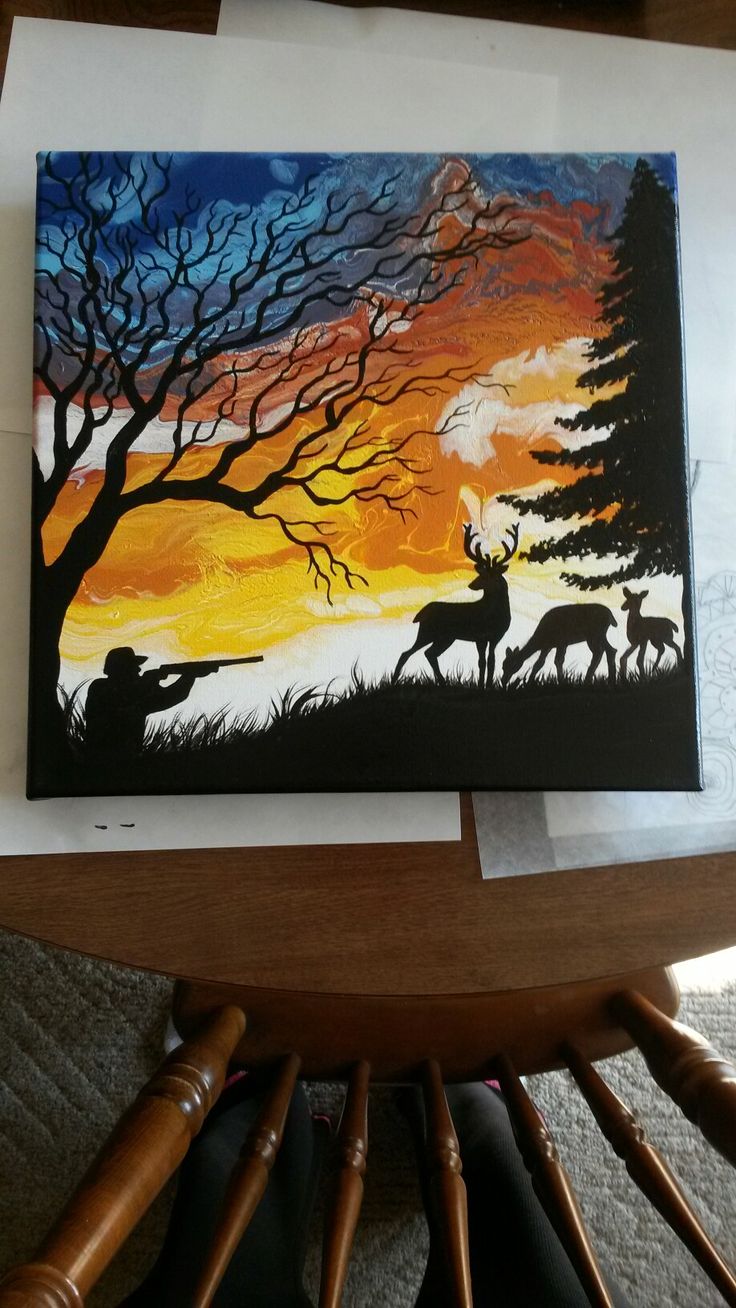 an acrylic painting of deer at sunset