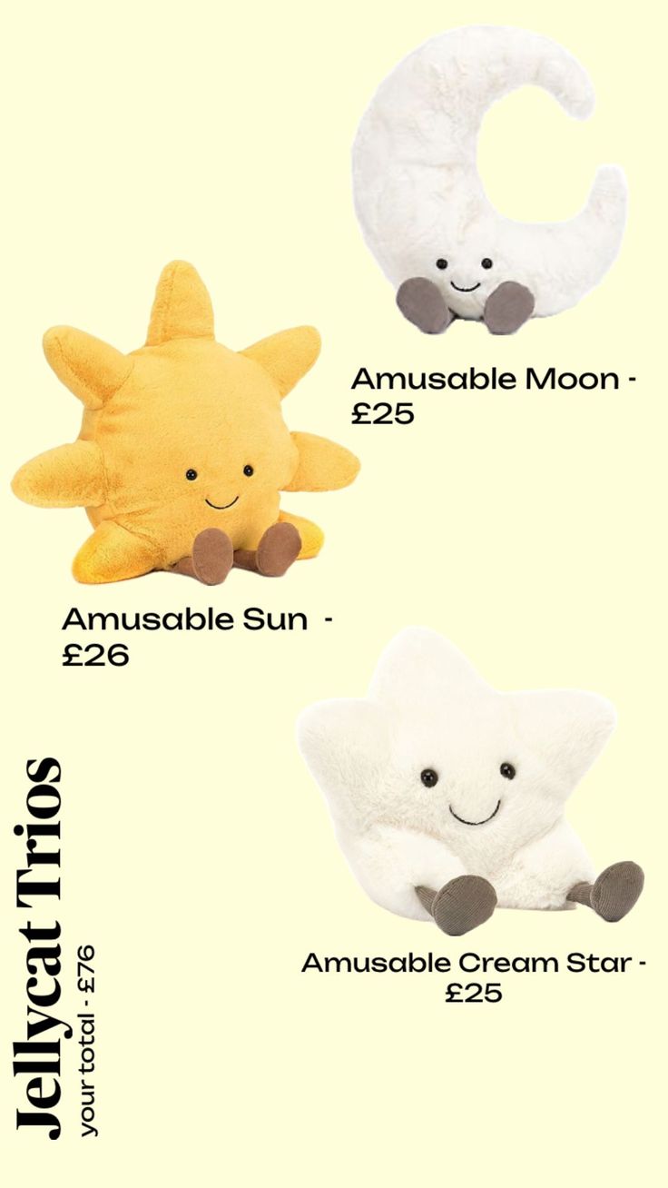 three stuffed animals are shown with prices for each item in the price tag, and one is