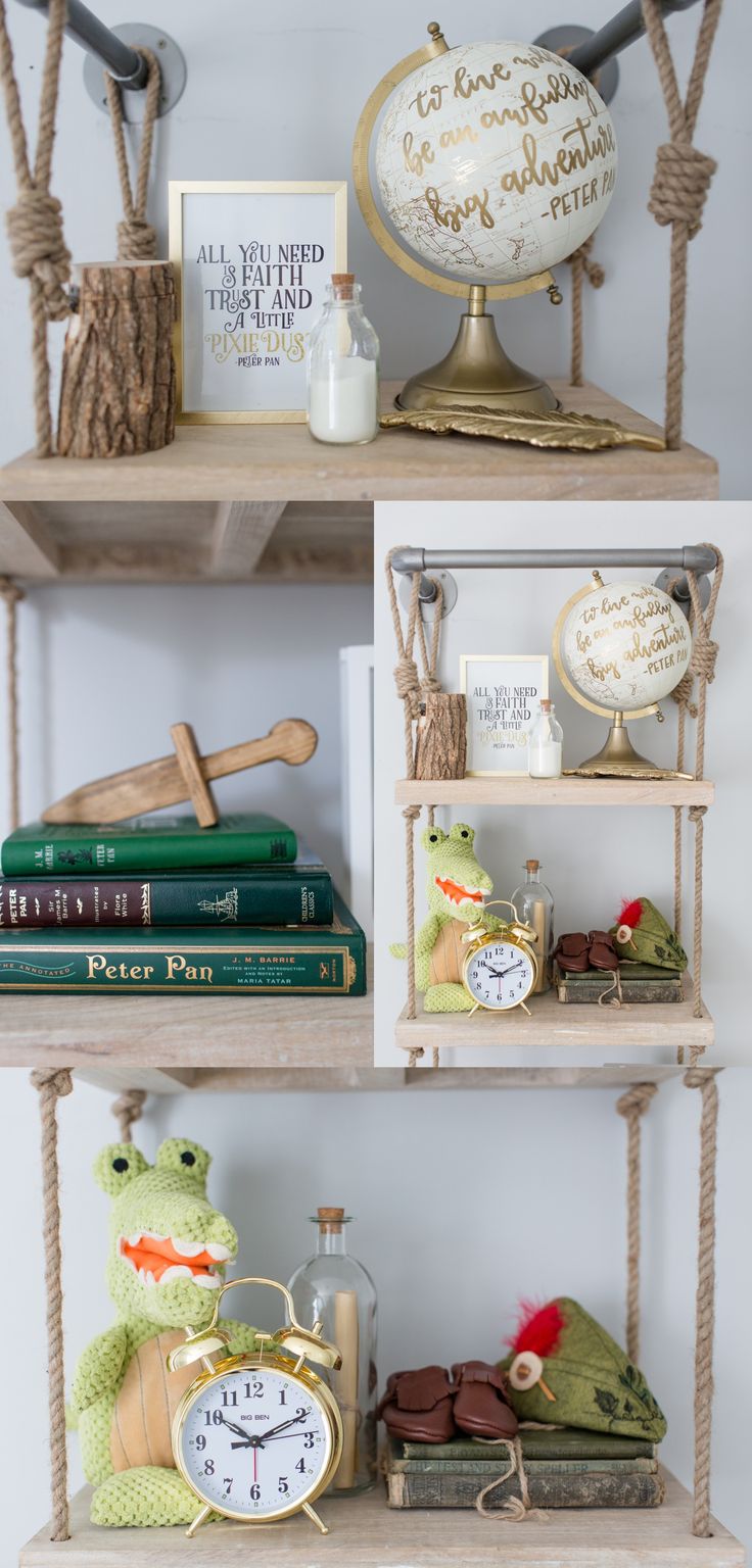 three shelves with books and other items on them