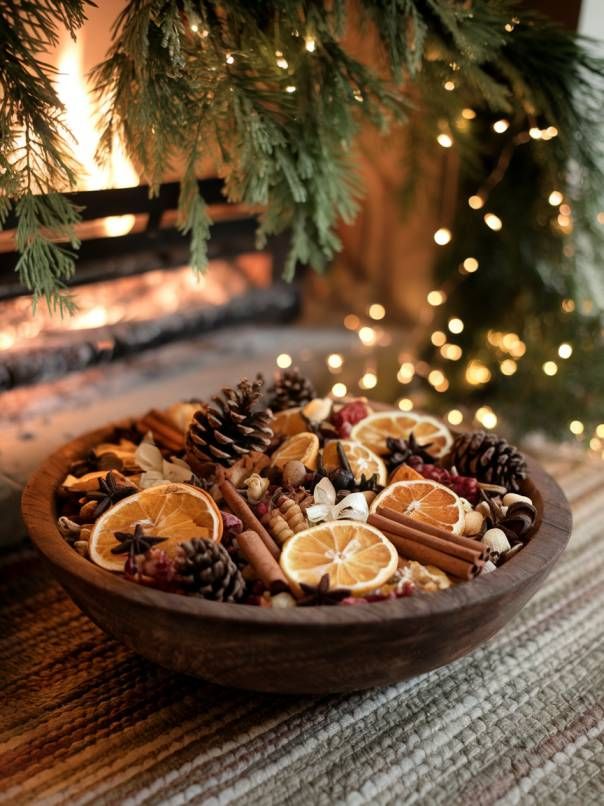 a wooden bowl filled with orange slices and cinnamons on top of a table next to a fireplace