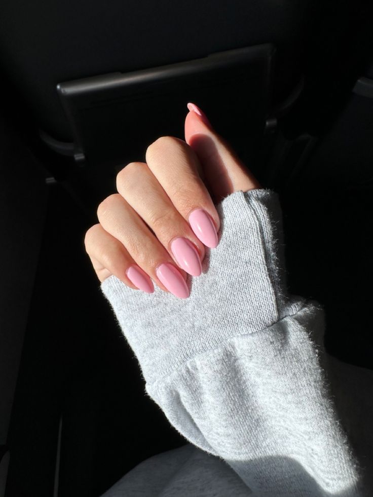 Pick Almond Nails, Simple Pink Almond Acrylic Nails, Solid Pink Acrylic Nails Almond, Solid Pink Nails Almond, Plain Pink Acrylic Nails Almond, Barbie Pink Nails Short Almond, Baby Rose Nails, Baby Pink Almond Acrylic Nails, Pink Plain Nails