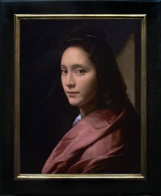 an oil painting of a woman with a red shawl