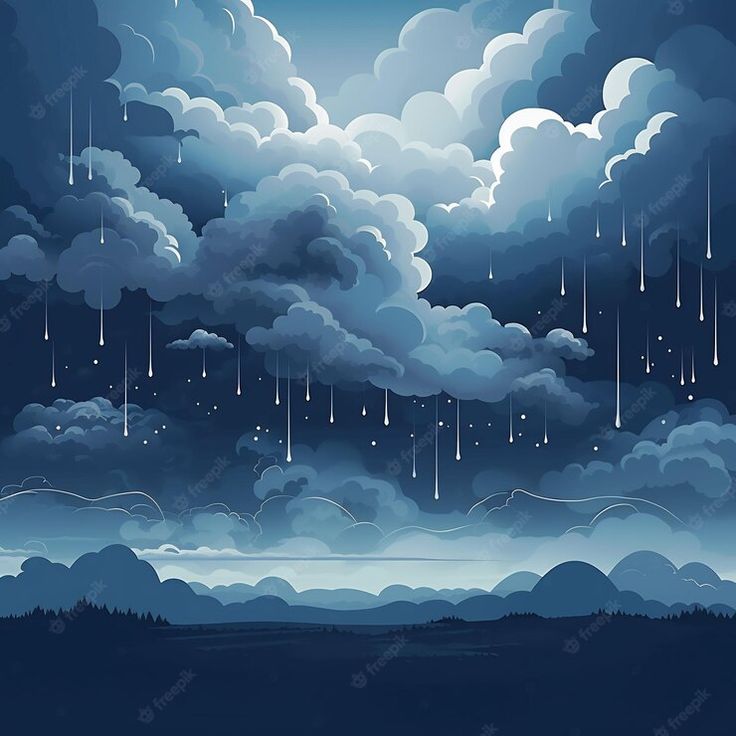 the night sky with clouds and rain falling from them, as well as some trees