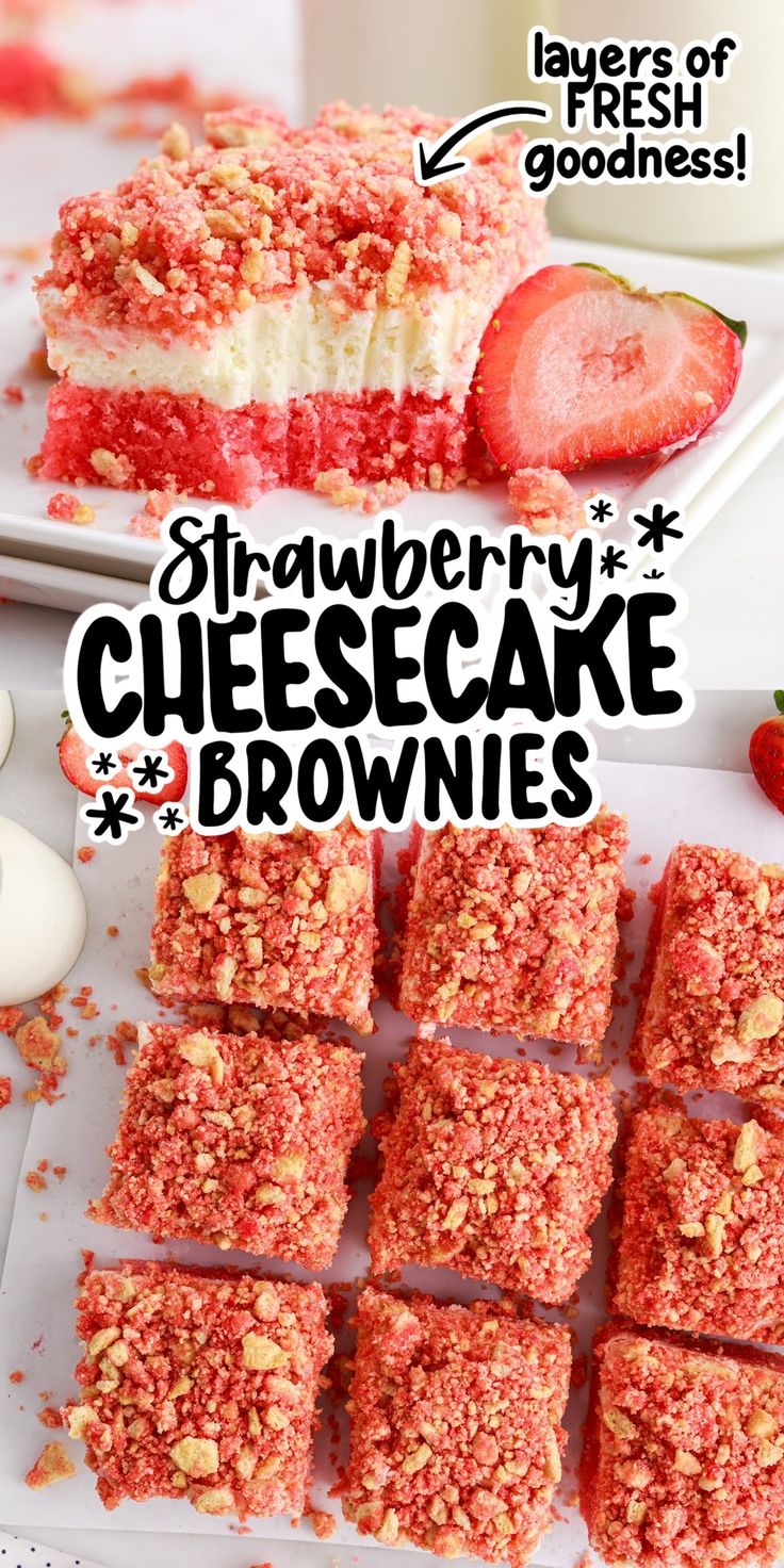 strawberry cheesecake brownies on a plate with strawberries