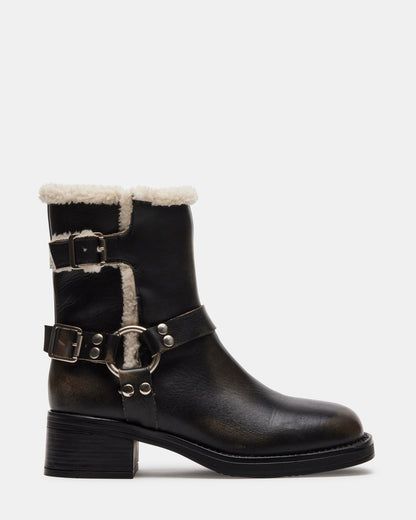 BRIXTON Fur Black Distressed Ankle Moto Bootie | Women's Booties Women's Booties, 2 Inch Heels, Shoes Booties, Moto Boots, Metal Hardware, Mid Calf, Bootie, Side Zipper, Hiking Boots