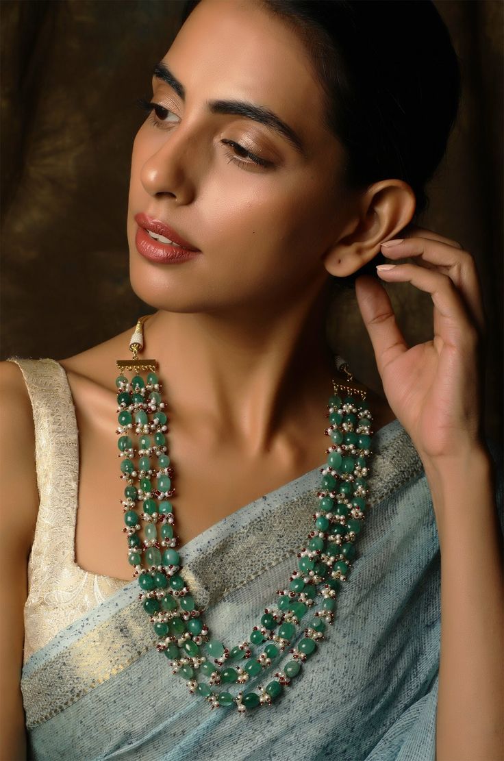 Green Gold Tone Pearl Beaded Necklace with Shell Pearls.   Royal Indian Beaded Necklace featuring uncut polki in this regal necklace embellished with beautifully encrusted shell pearls and blue garnet stones entwined with tiny gold plated beads. This beautifully handcrafted necklace is set in silver and copper alloy and plated with 22k gold.  Necklace Size - 24 inches. Closure - Adjustable  Style Tip - Best accessory for everything including your chiffon sarees or any traditional outfits as it w Onyx Beads Jewellery, Pearl Necklace Indian Jewelry, Pearl Necklace Indian, Mughal Miniature, Luxury Jewelry Store, Gown Ideas, Royal Indian, Ornament Designs, Pearl Beaded Necklace