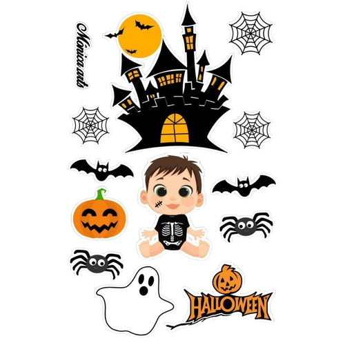 a little boy that is standing in front of some halloween decorations and pumpkins on a white background