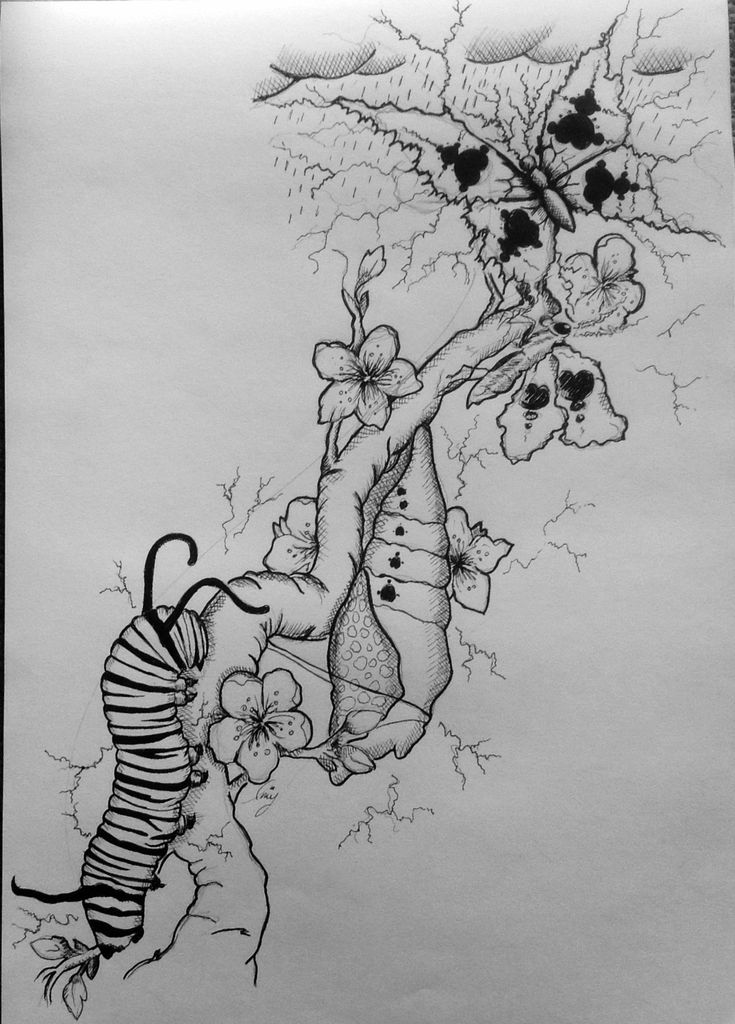 a black and white drawing of a caterpillar with flowers on it's back