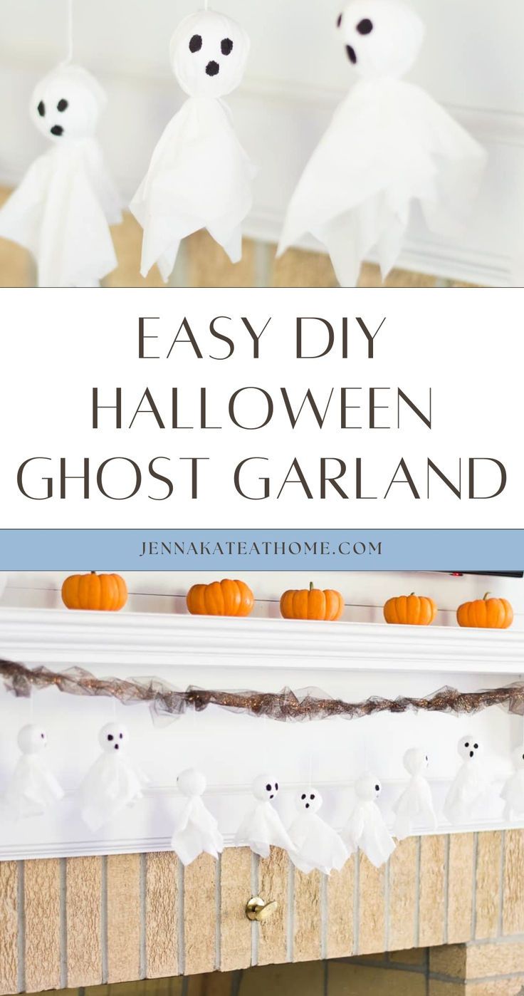 easy diy halloween ghost garland hanging from a mantel