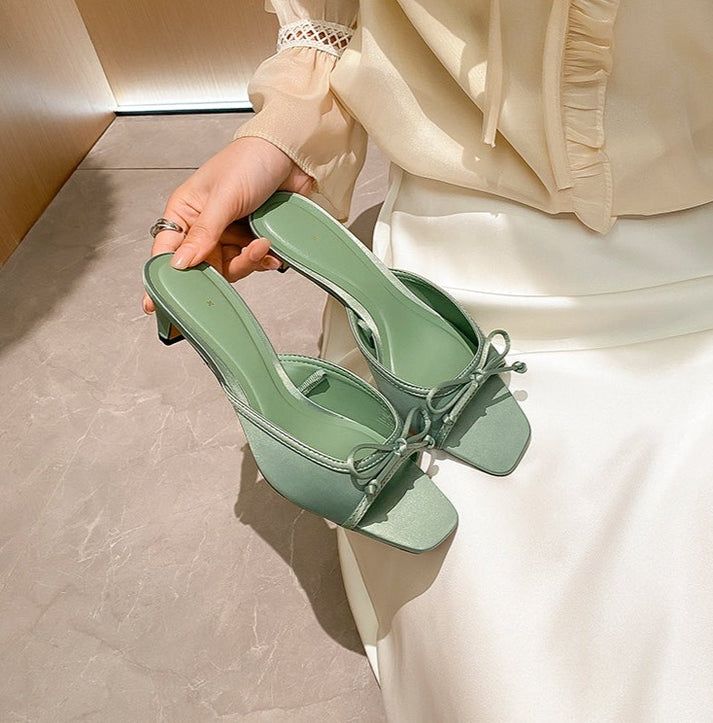 Nanise Bow Sandals in Green Green Heels Outfit, Senior Homecoming, Minimal Shoes, Heels Aesthetic, Green Sandals, Green Heels, Heels Outfits, Girls Heels, Sandals Outfit