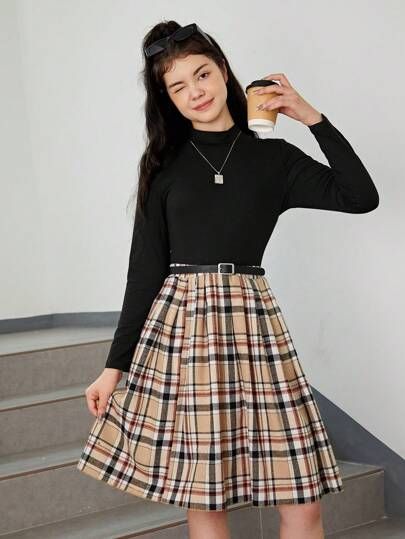 Plaid Mini Skirt Outfit, Plaid Print Skirt, Plaid Skirt Set, Plaid Pleated Skirt, Printed Pleated Skirt, Miniskirt Outfits, High Neck Top, Plaid Mini Skirt, Plaid Skirt