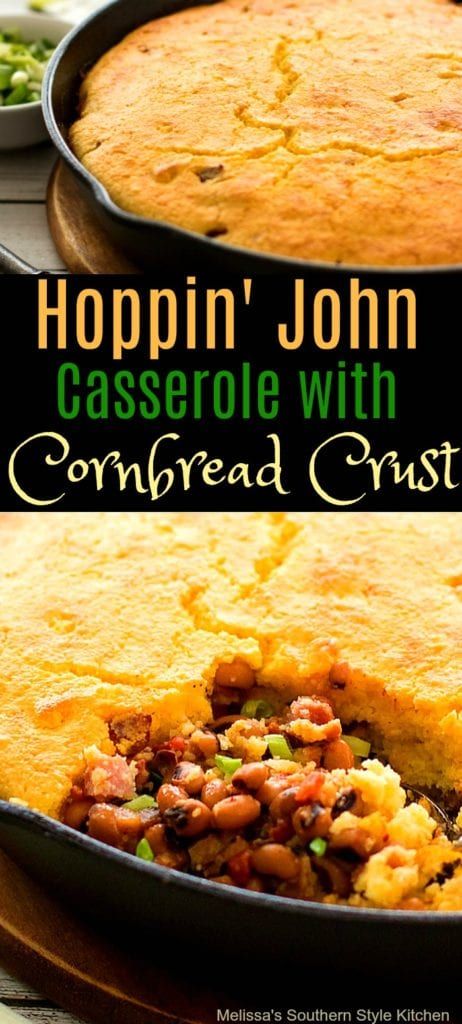 a casserole with cornbread crust is shown in the foreground and on the background