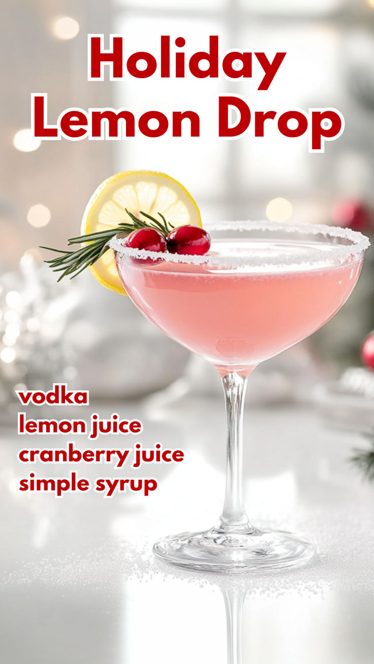 Holiday Lemon Drop Recipe Lemon Drop Cranberry Martini Recipe, Pitcher Lemon Drop, Lemon Drop Christmas Martini, Christmas Lemon Drop Cocktail, Kitty Cocktail Recipe, Cosmo Drink Recipe, Christmas Alcoholic Drinks Sweet, Vodka And Grapefruit Juice, Best Holiday Drinks Alcohol