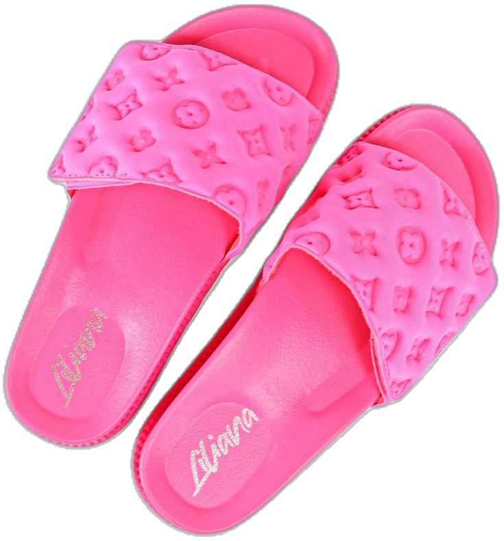 Pink Summer Slip-on Slides, Comfortable Pink Open Toe Slides, Trendy Pink Open Toe Slides, Trendy Slides For Spring Leisure, Trendy Non-slip Slide Slippers, Trendy Non-slip Slide Flip Flops, Trendy Slides For Leisure In Spring, Trendy Leisure Slide Slippers, Casual Pink Slides For Vacation