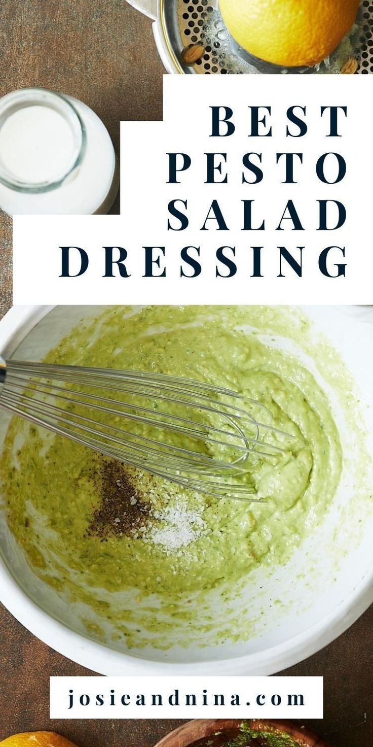 the best pesto salad dressing recipe in a white bowl