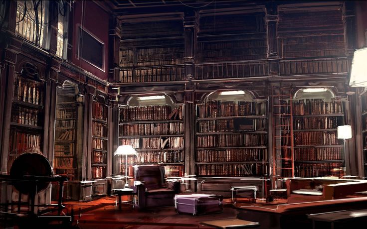 an old library with many bookshelves and lamps on the tables in front of them