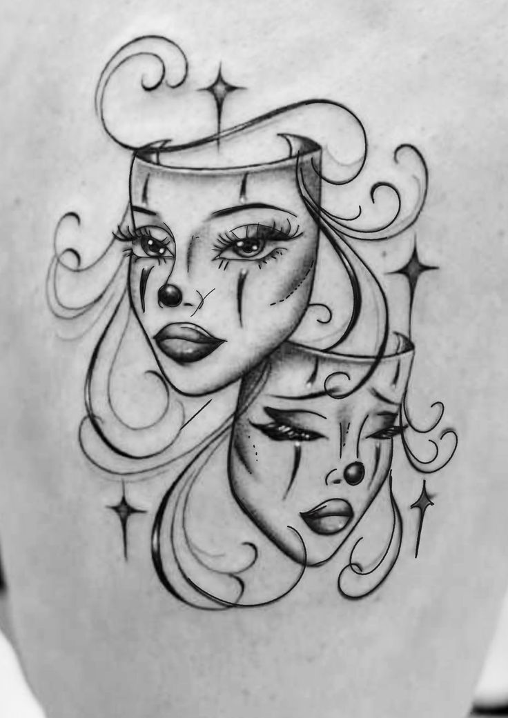 a woman's back with two faces and stars on her head, in black ink