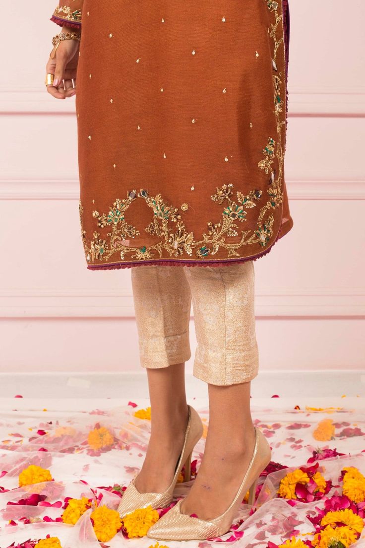 Ashrafi (Kurti Only) – Zaaviay Gold Tussar Silk Dupatta With Dabka Work, Gold Shantoon Dupatta With Intricate Embroidery, Brown Resham Embroidered Sets For Diwali, Brown Resham Embroidery Sets For Diwali, Brown Sets With Resham Embroidery For Diwali, Elegant Brown Festive Sets, Gold Shantoon Kurta With Dabka Work, Gold Shantoon Kurta With Dabka Detail, Gold Shantoon Kurta With Resham Embroidery