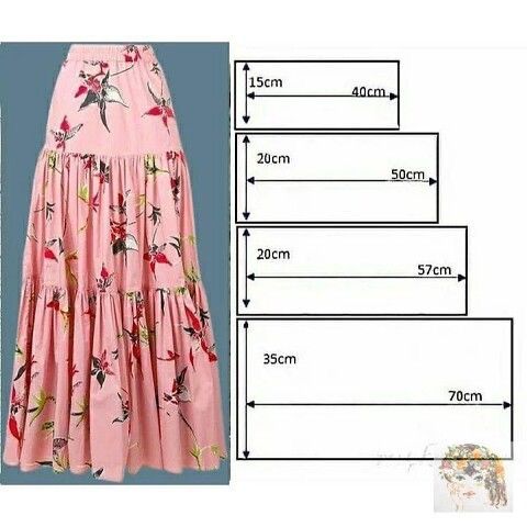 the size and measurements of a women's pink dress with flowers on it, next to an image of a woman's skirt