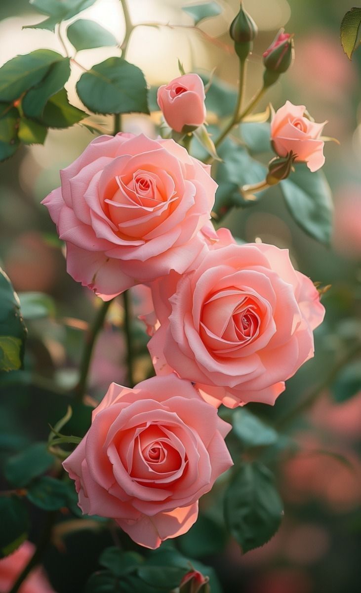 three pink roses with green leaves in the foreground