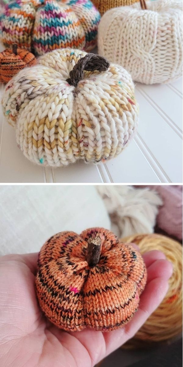 knitted pumpkins in different colors and sizes