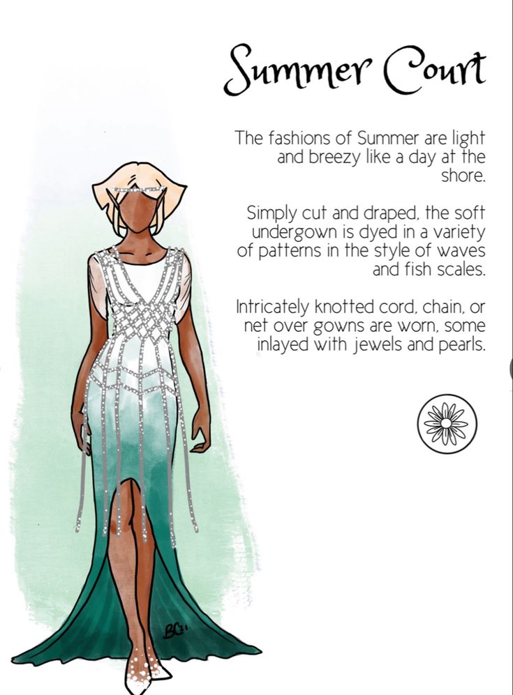 an illustration of a woman in a dress and hat with words describing the fashions of summer