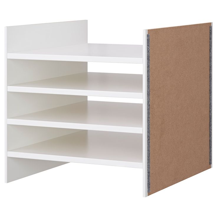 a white book shelf with a cork board on the front and bottom shelves, both open