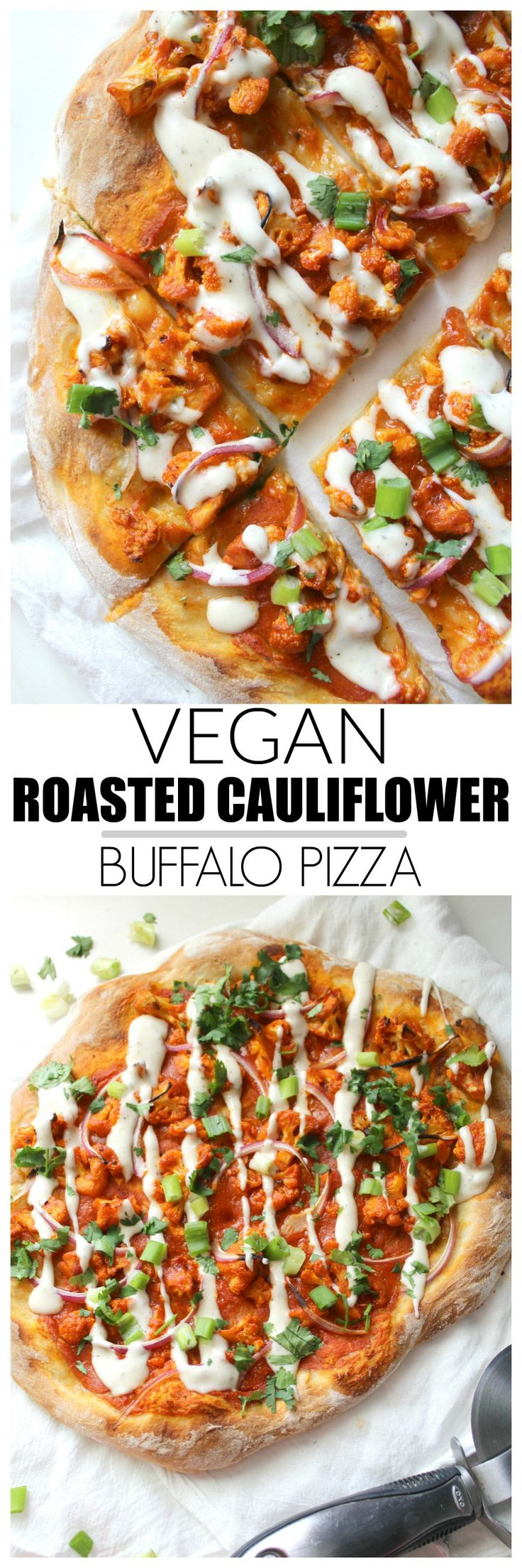 vegan roasted cauliflower buffalo pizza is shown in three different views with the same toppings