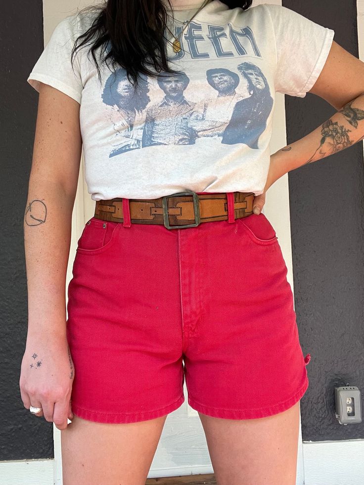 "90s Generra Red Denim shorts  Tag size 12 Waist 15.5\" Length 15.5  Hips 21.5\" Leg opening 13\" Vintage items may have imperfections, if they are major or extremely visible they will be noted Smoke free home  No shedding pets Cleaned before mailing + urban outfitters  + free people + madewell  + vintage  Vintage items may/will probably have imperfections, if they are major or extremely visible they will be noted. Buying vintage items could mean they are different than what you had expected, but still just as lovely because they have lived a full life and have a story to tell!  We know that paying for shipping isn't ideal, but we are a small company and vintage items can be quiet heavy since they are made out of better materials--Such as real denim and leather. We are planning on lowering 90s Style Shorts With Belt Loops, Red Cotton Cutoff Shorts, Casual Red Cutoff Jean Shorts, Casual High Rise Red Jean Shorts, Retro Jean Shorts With Belt Loops, Vintage Red Shorts For Summer, Red High-waist Cotton Jean Shorts, Red Cotton Jean Shorts, Red Vintage Summer Shorts