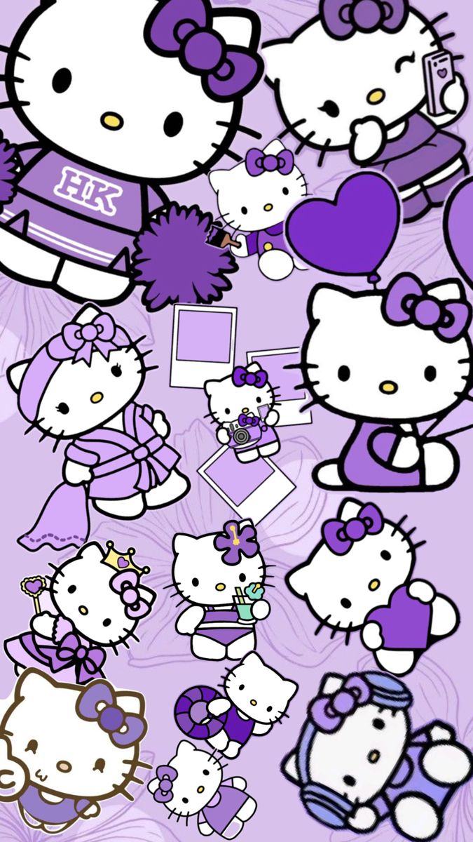 an image of hello kitty wallpaper with purple and white cats in the background,