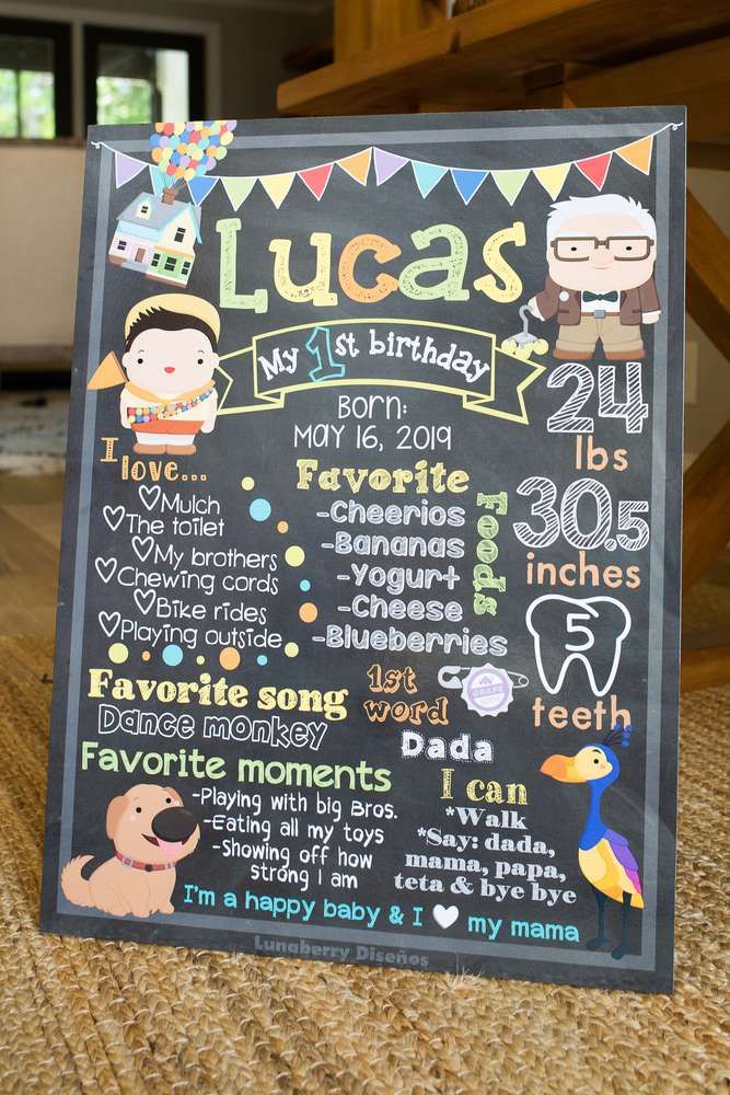 a chalkboard sign that says lucas 1st birthday and it's written in different languages