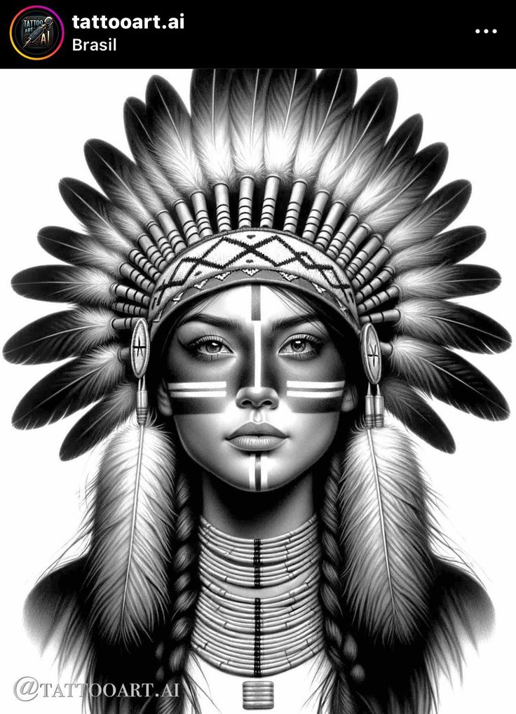 Native American Tattoo Art, Indian Chief Tattoo, Indian Women Tattoo, Indian Girl Tattoos, Native American Tattoo Designs, Indian Tattoo Design, Native American Tattoo, American Indian Tattoos, Tattoo Lettering Design