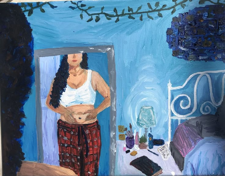 a painting of a woman standing in front of a mirror with her hands on her hips