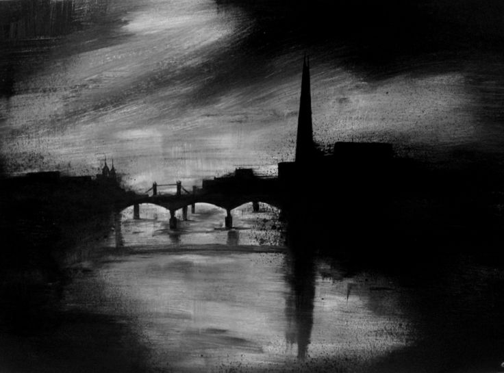 black and white painting of a bridge over water with buildings in the background at night