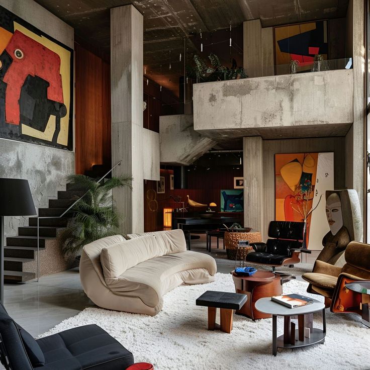 a living room filled with lots of furniture and paintings hanging on the wall above it