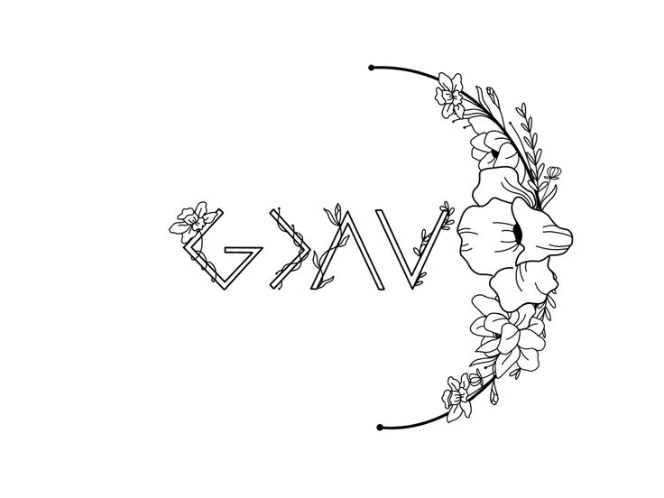 an ink drawing of the letter kkg with flowers and leaves around it on a white background