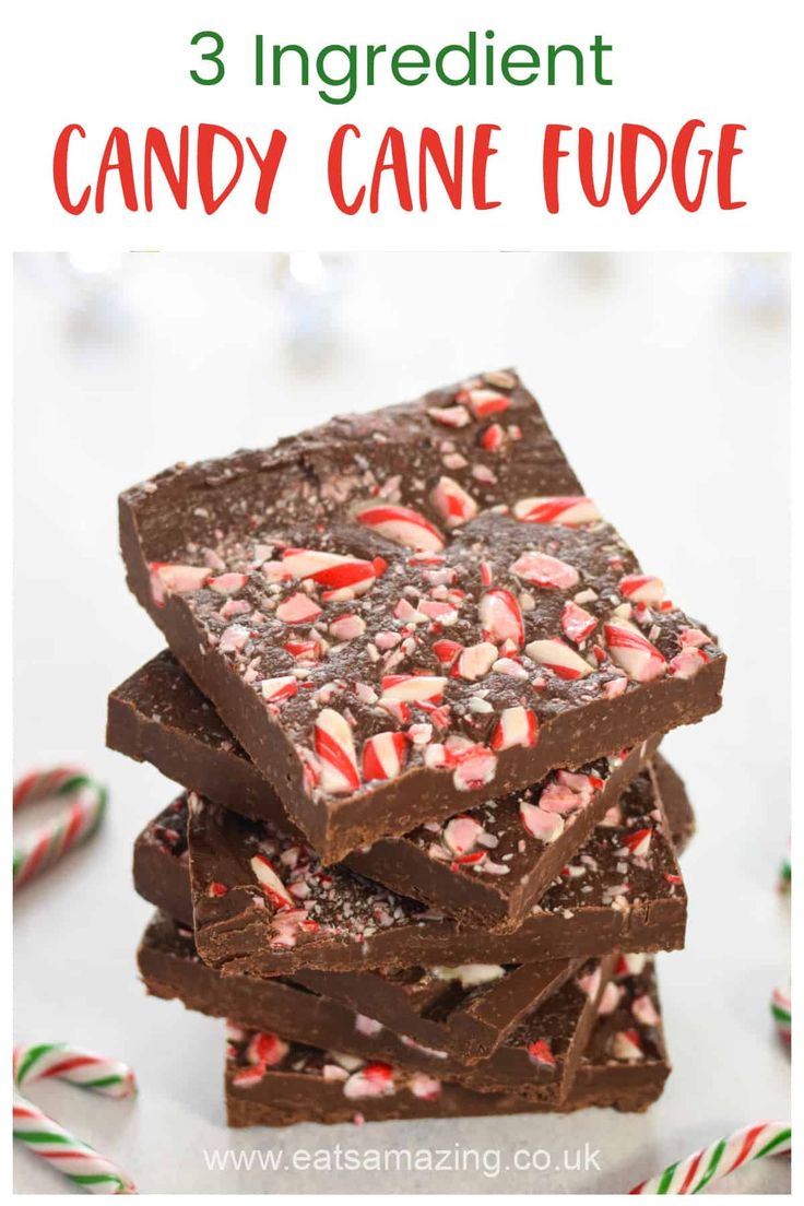 three chocolate candy cane fudges stacked on top of each other with text overlay