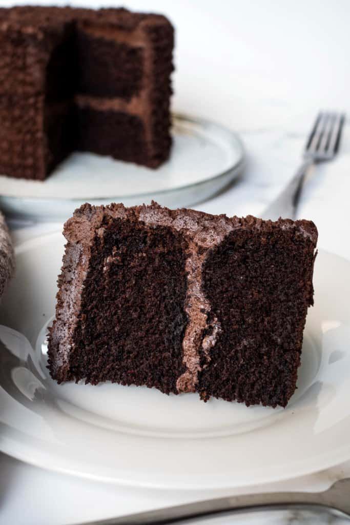 an eggless chocolate cake on a white plate