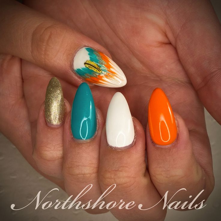 Orange Turquoise Nails, Dark Teal And Orange Nails, Teal And Orange Nail Designs, Turquoise And Orange Nails, Bright Teal Nails, Orange And Teal Nails, Teal And Orange Nails, Mail Colors, Turquoise Nail Designs