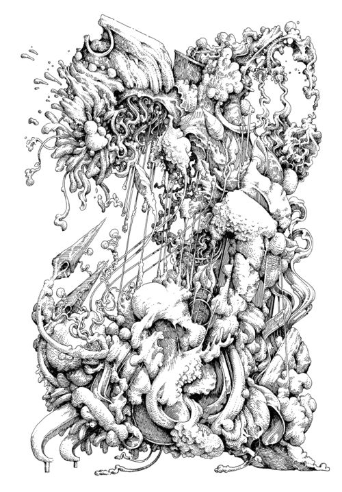 an ink drawing of a woman surrounded by other things